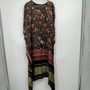 Soch Womens Black Satin Kalamkari Print Kaftan with Tasselled Waist Tie-Up Sz L/